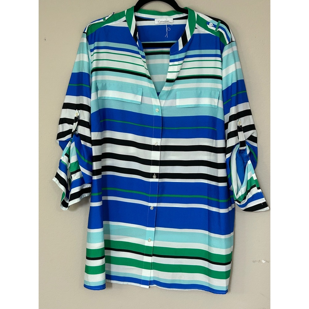 Calvin Klein Women Blue Green Striped Roll Tab Sleeve Button Up Blouse Plus Size